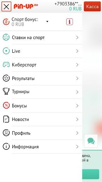 menyu prilozheniya Pin up Android