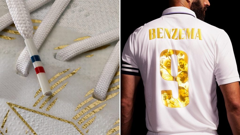Benzema x adidas gold boots and kit