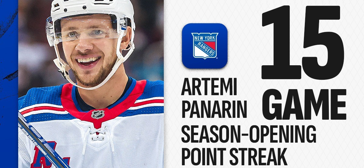 Артемий Панарин набрал очки в 15-м матче НХЛ кряду и установил новый рекорд результативности «НЙ Рейнджерс»
