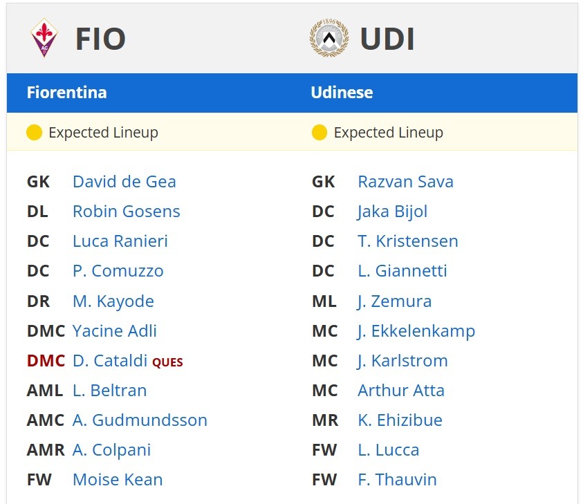 fiorentina vs udinese Expected Lineup seria A italy