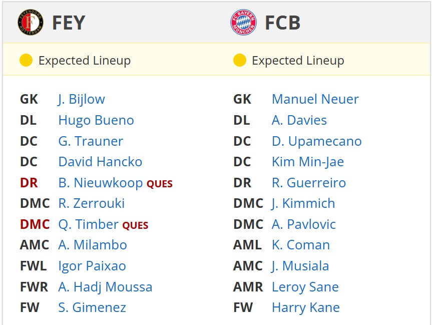 Feyenoord FC Bayern M nchen expected lineups 22 01 2025 UEFA Champions League