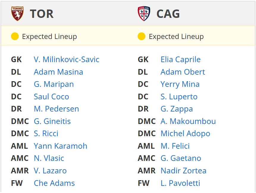 Torino Cagliari expected lineups 24 01 2025 italy