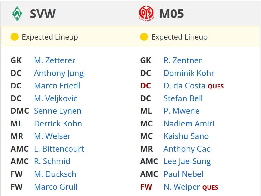 Werder Bremen FSV Mainz 05 expected lineups 31 01 2025