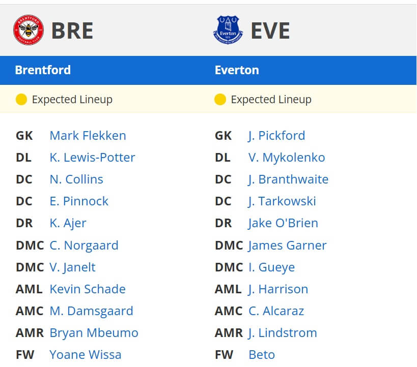 Brentford Everton expected lineups 27 02 2025