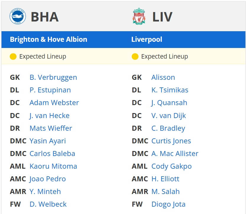 Brighton Hove Albion Liverpool expected lineups 19 05 2025 EPL