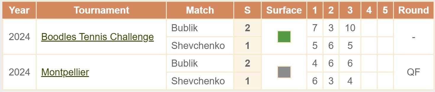 shevchenko vs bublik h2h tennis 17 07 2025 Gstaad ATP 250