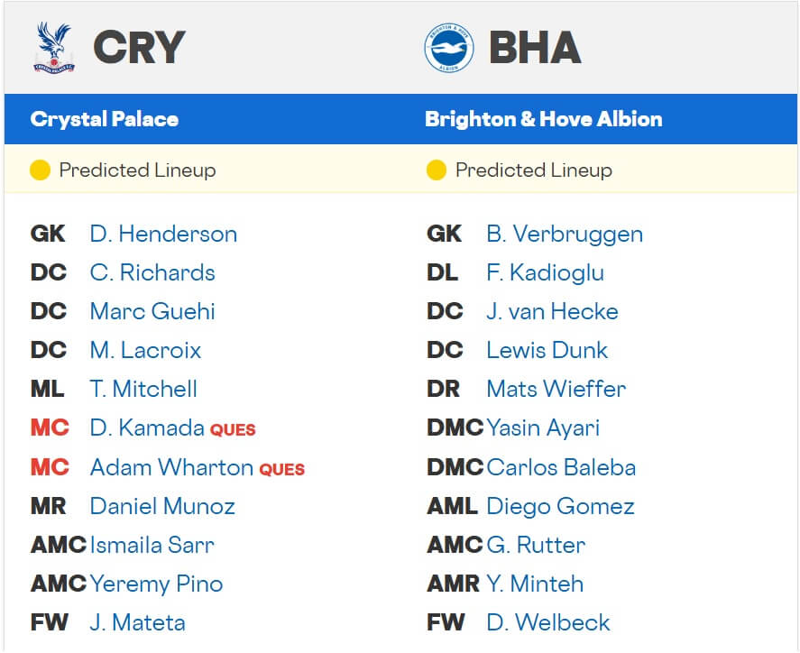 Crystal Palace Brighton Hove Albion expected lineups 09 11 2025 EPL