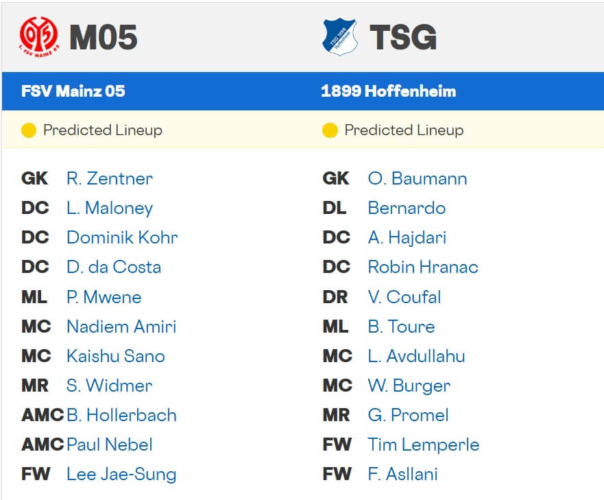 FSV Mainz 05 TSG Hoffenheim expecteed lineups 21 11 2025 Germany Bundesliga FSV Mainz 05 TSG Hoffenheim expecteed lineups 21 11 2025 Germany Bundesliga
