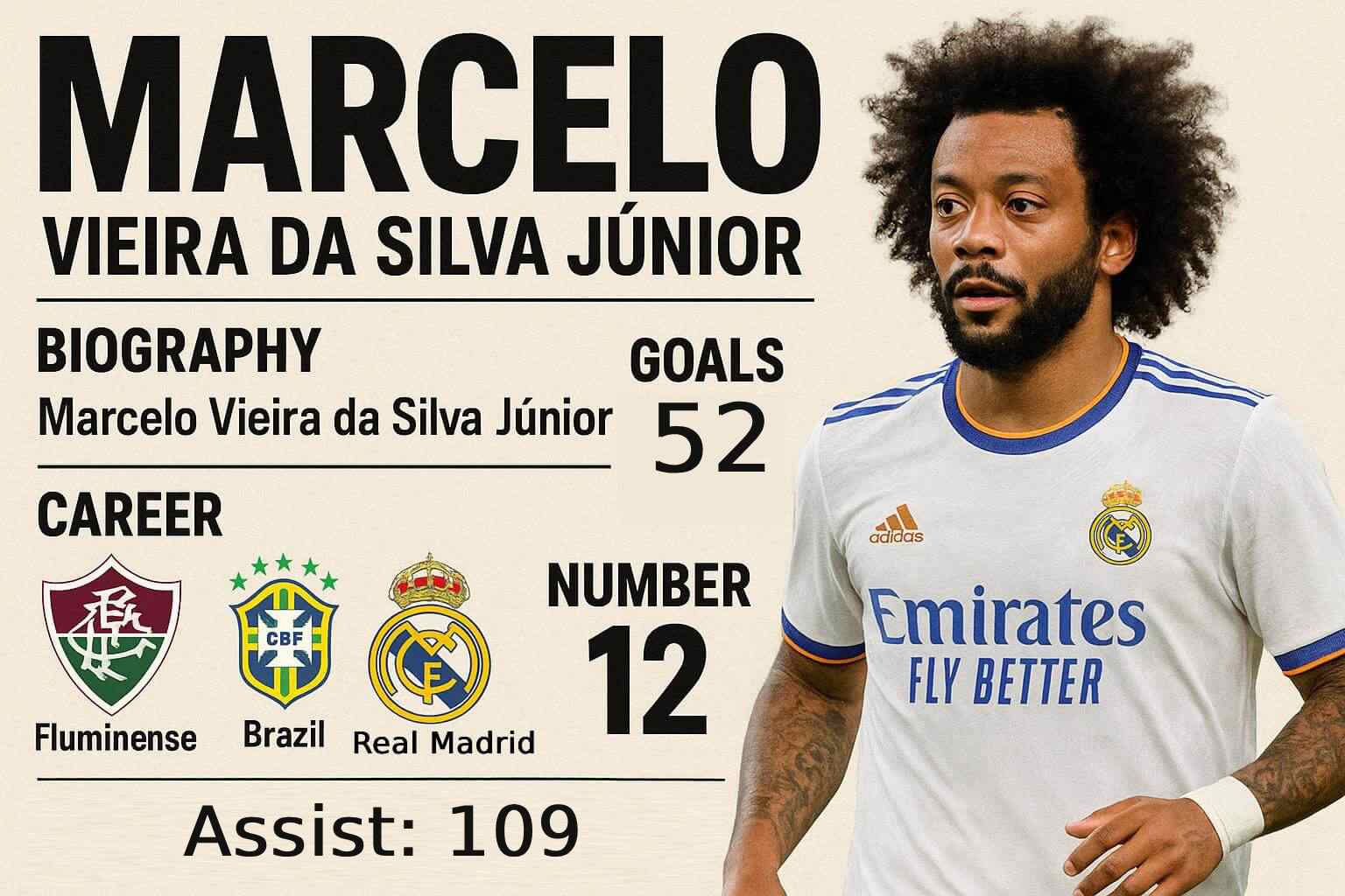 Marcelo Vieira da Silva J nior biography carreira Brazil Fluminense real madrid Olympiacos goals number position galacticos football
