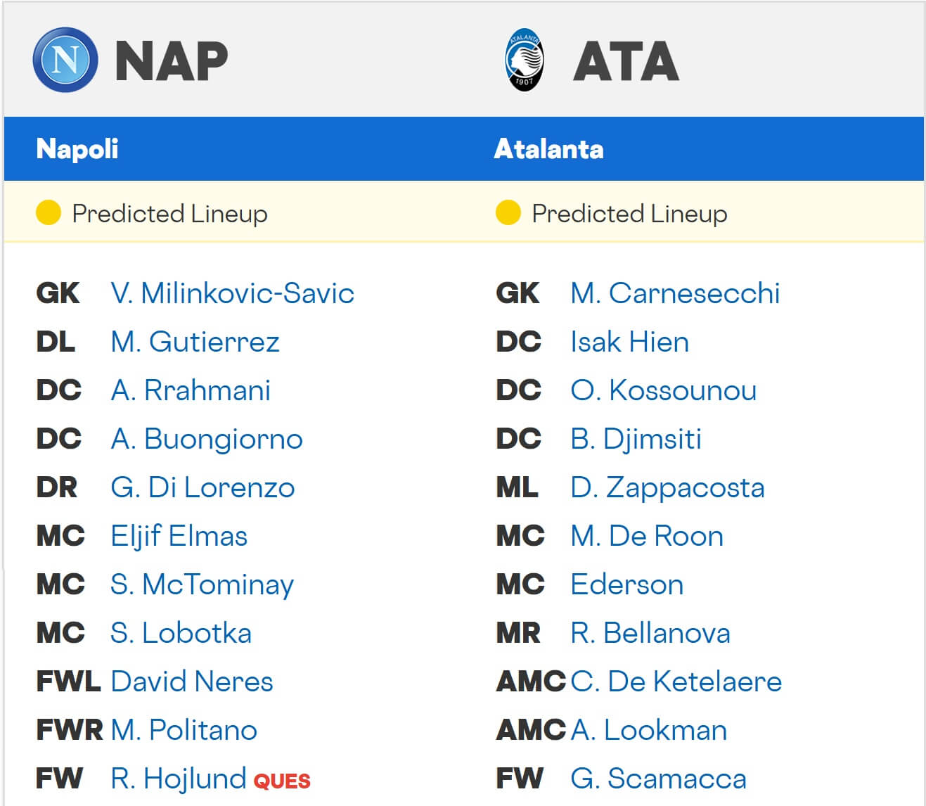 Napoli Atalanta expected lineups 22 11 2025 Italy Seria A