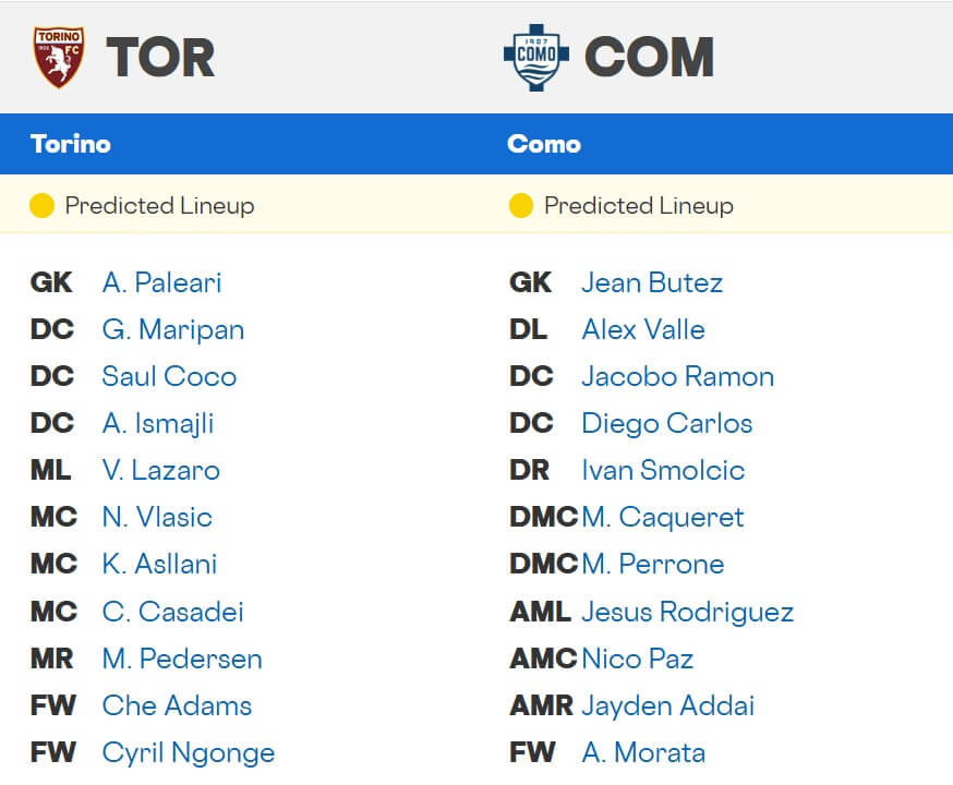 Torino Como expected lineups 24 11 2025 Italy Seria A Torino Como expected lineups 24 11 2025 Italy Seria A