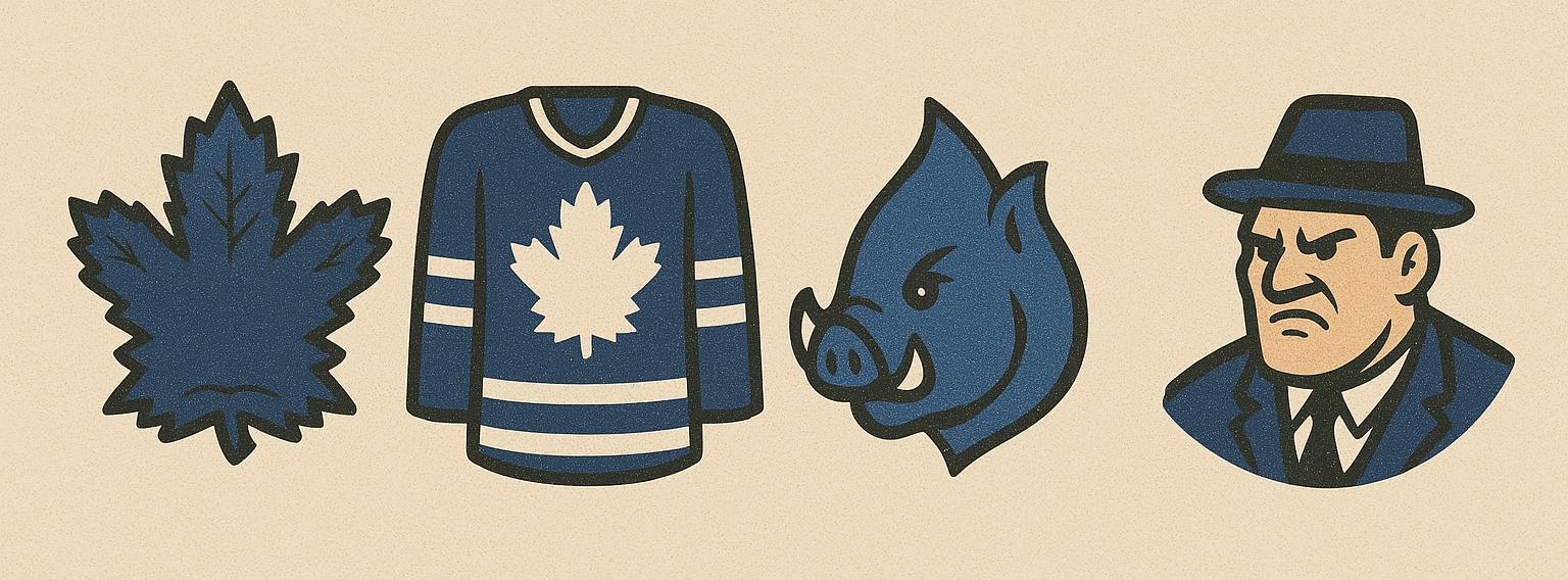 Prozvishha HK Toronto Mejpl Lifs Klenovye listya Maple Leafs Sine belye Blue and White Butony Buds Kabany Hogs Huligany s Bej st